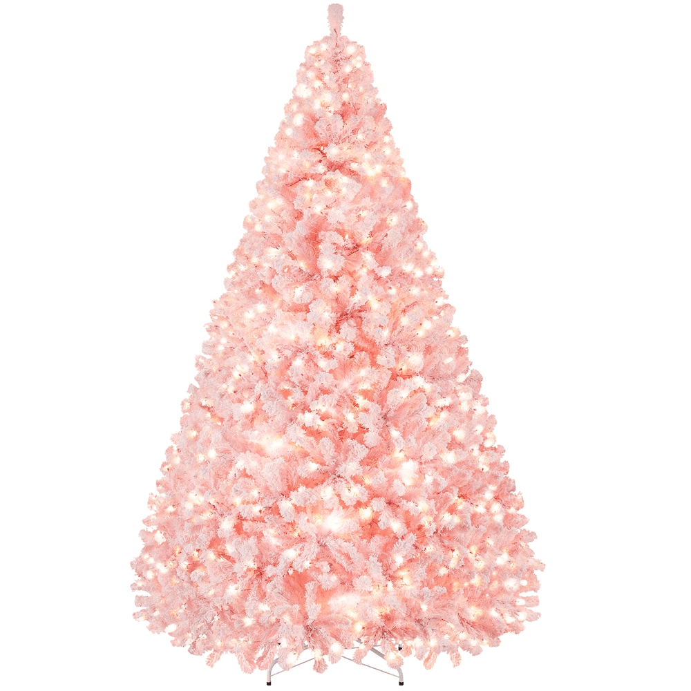 Alden Design 9Ft Pre-lit Flocked Artificial Christmas Tree with Incandescent Warm White Lights, Pink