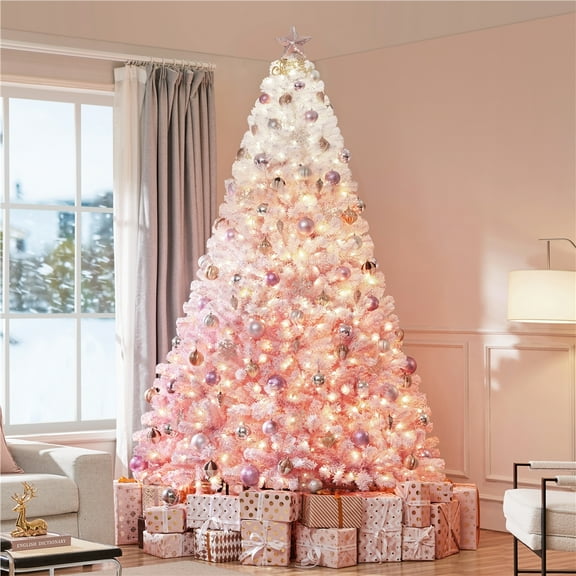 Alden Design 9ft Pre-Lit Flocked Artificial Christmas Tree with Foldable Stand, Pink Gradient