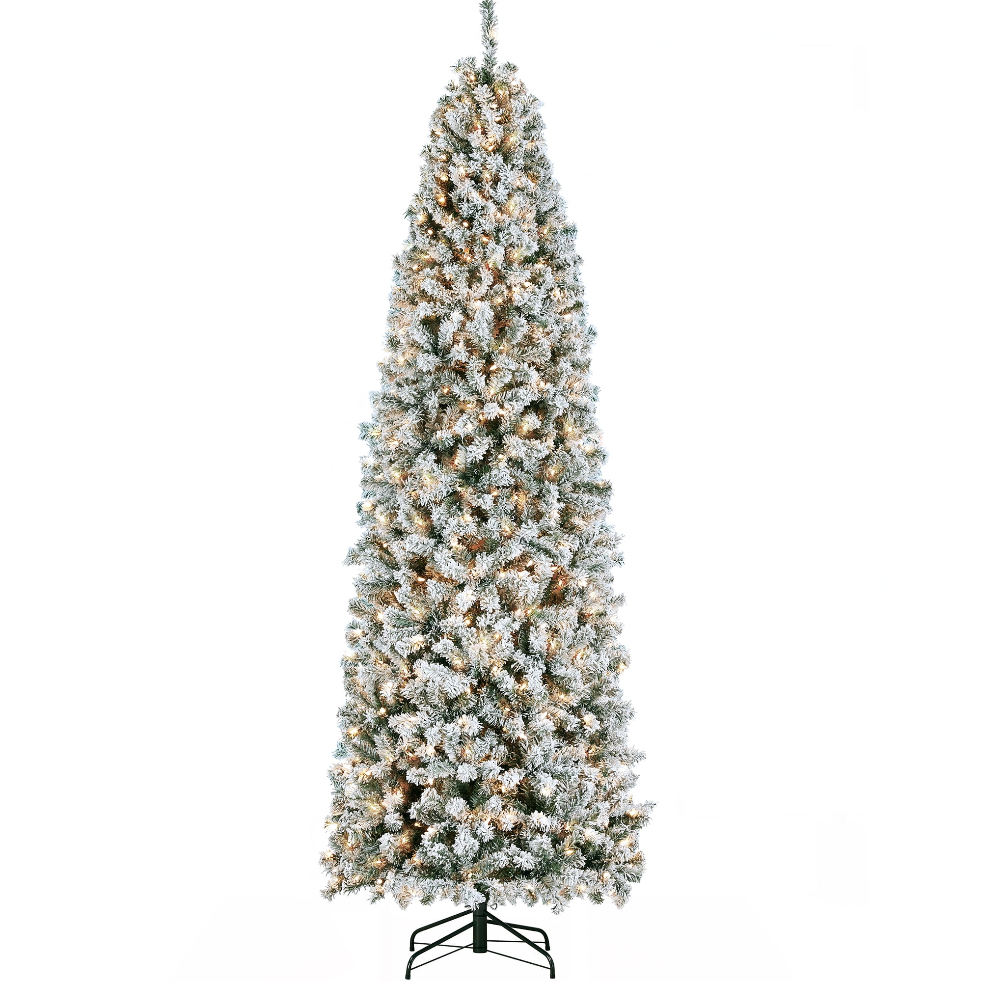 Alden Design 9ft Pre-Lit Flocked Pencil Christmas Tree with Warm White LED Lights, Green