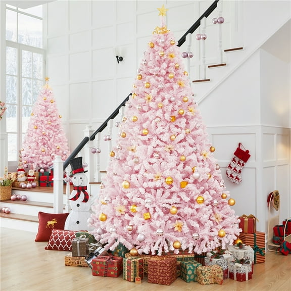 Alden Design 9ft Pre-lit Flocked Artificial Christmas Tree with Foldable Stand, Pink