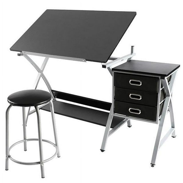 Alden Design Adjustable Steel Drafting Table with Stool, Black