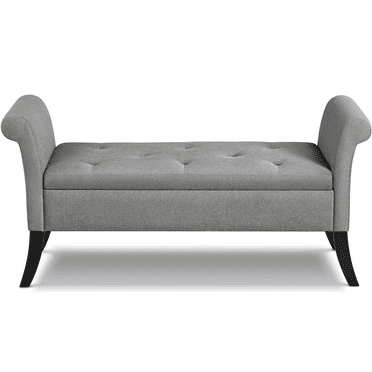Alden Design Button Tufted Ottoman Storage Bench with Rolled Arms, Light Gray Fabric