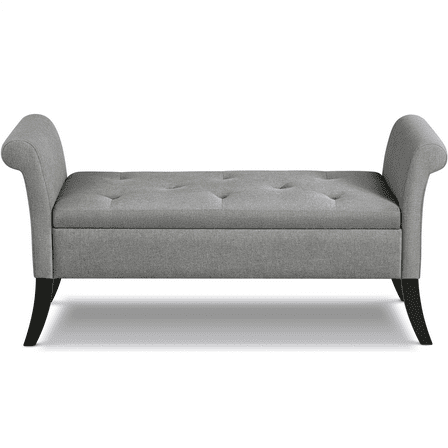 Alden Design Button Tufted Ottoman Storage Bench with Rolled Arms, Light Gray Fabric