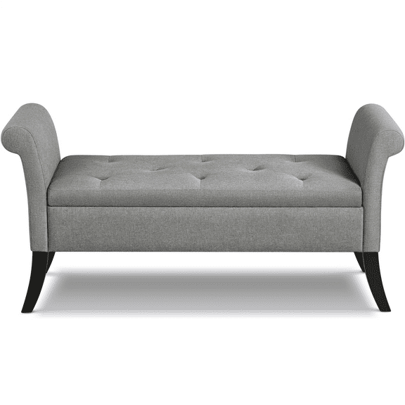 Alden Design Button Tufted Ottoman Storage Bench with Rolled Arms, Light Gray Fabric
