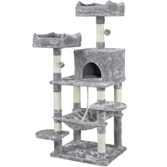 Alden Design Cat Tree with Condo and Scratching Post Tower, Light Gray, 59"