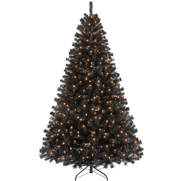 Alden Design Clear Prelit Incandescent Black Hinged Spruce Artificial Christmas Tree, 7.5'