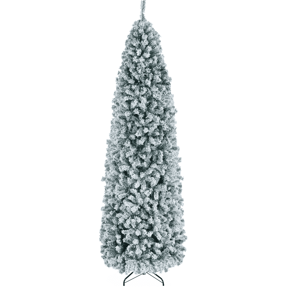Alden Design Clear Prelit Incandescent White Flocked Pencil Artificial Christmas Tree, with Foldable Stand 9'