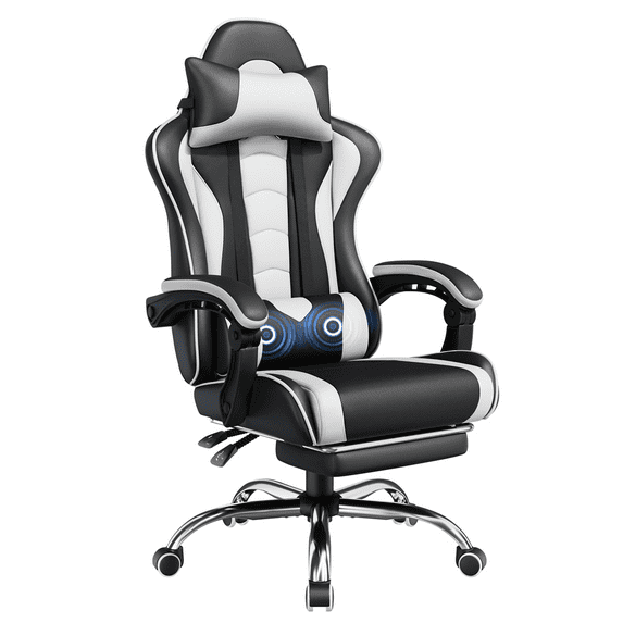 Alden Design Ergonomic Gaming Chair with Slide Out Footrest, Black/White