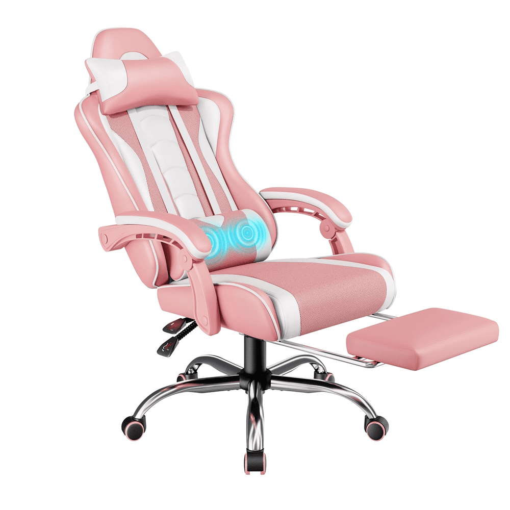Alden Design Ergonomic High Back Gaming Chair with Massage Lumbar Pillow, Pink/White