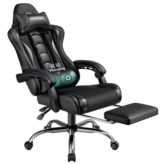 Alden Design Ergonomic High Back Gaming Chair with Massage Lumbar Pillow and Padded Armrests, Full Black