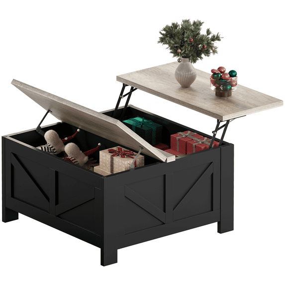 Alden Design Farmhouse Square Lift Top Coffee Table with Hidden Compartments, Black & Gray