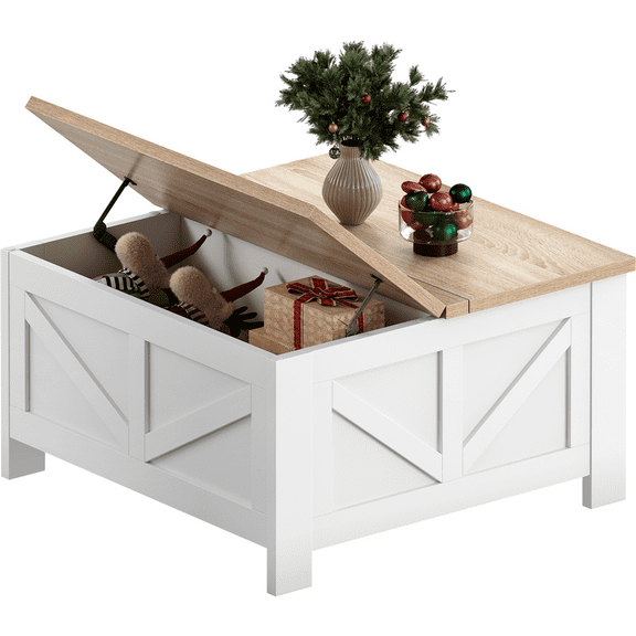 Alden Design Farmhouse Square Lift Top Coffee Table with Hidden Compartments, White & Light Oak