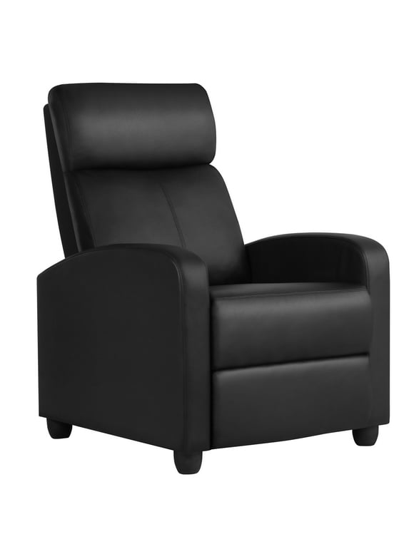 Alden Design Faux Leather Push Back Theater Recliner Chair with Footrest, Black