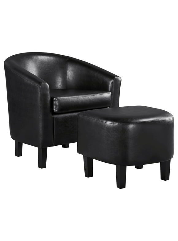 Alden Design Faux Leather Tub Chair with Ottoman, Black