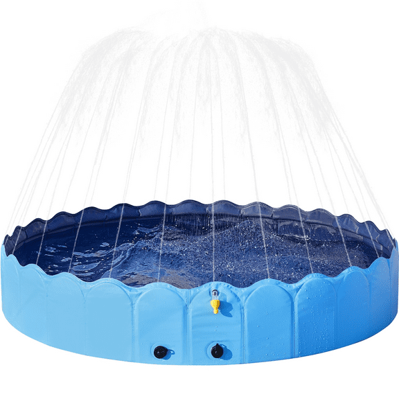 Alden Design Foldable Plastic Dog Swimming Pool with Sprinkler, 4XL, Blue