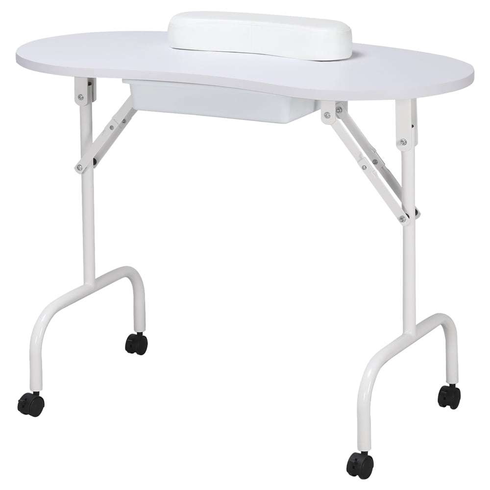 Alden Design Folding Manicure Table with Lockable Wheels and Bag, White