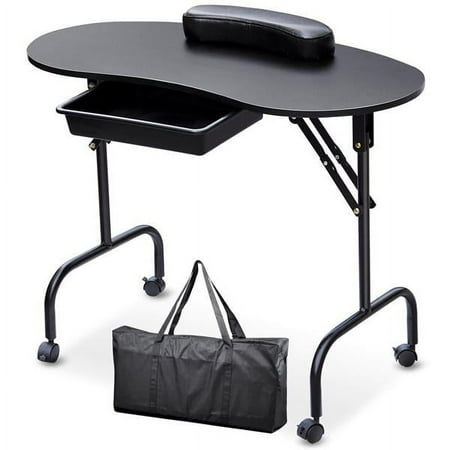 Alden Design Folding Manicure Table with Lockable Wheels with Wrist Cushion Bag, Black