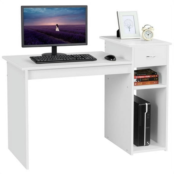 Alden Design Home Office Computer Desk with Drawer and Storage, White