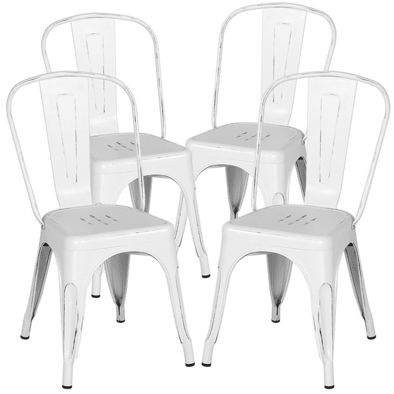Alden Design Industrial Modern Metal Dining Chairs, Set of 4, Distressed White