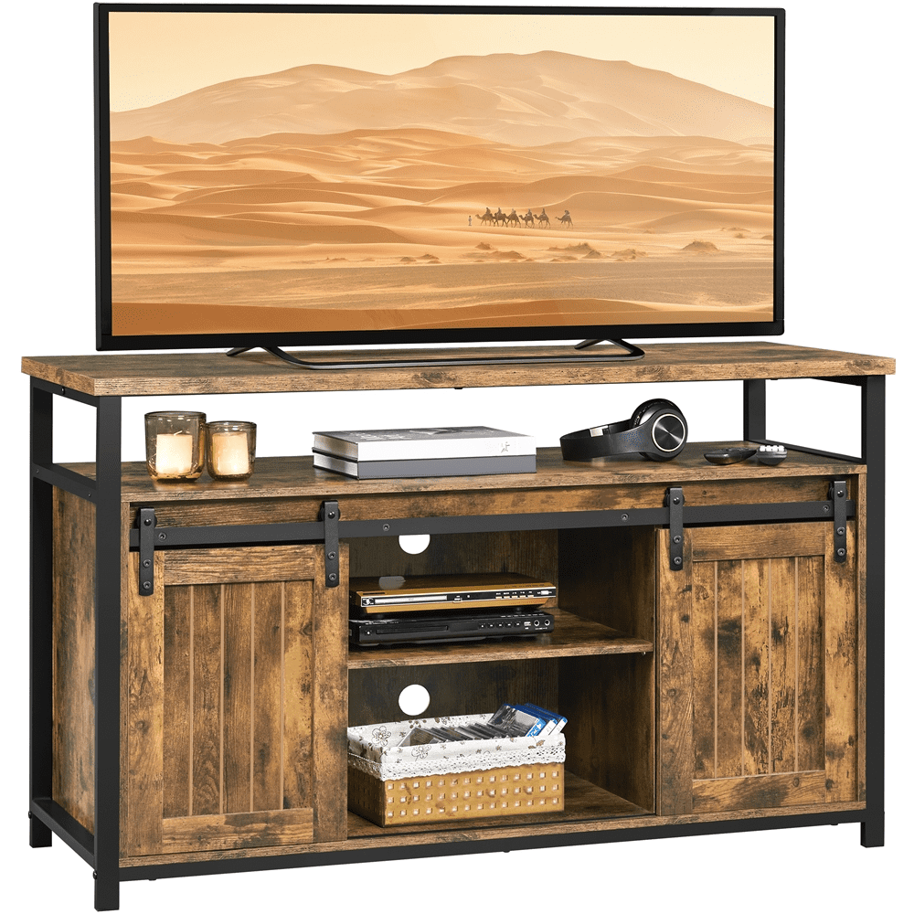 Rustic Brown Wood and Iron TV Stand with Sliding Barn Doors