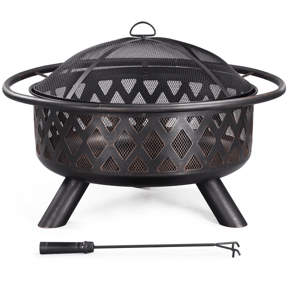Alden Design Iron Fire Pit with Mesh Screen Poker and Cover for Outdoors, Bronze
