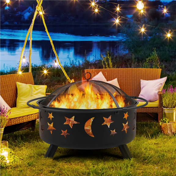Alden Design Iron Fire Pit with Poker Mesh Cover for BBQ Backyard Patio, Black