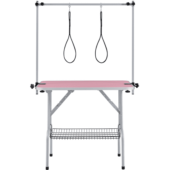 Alden Design Iron Pet Grooming Table with Loop Noose and Height Adjustable Arm, Pink