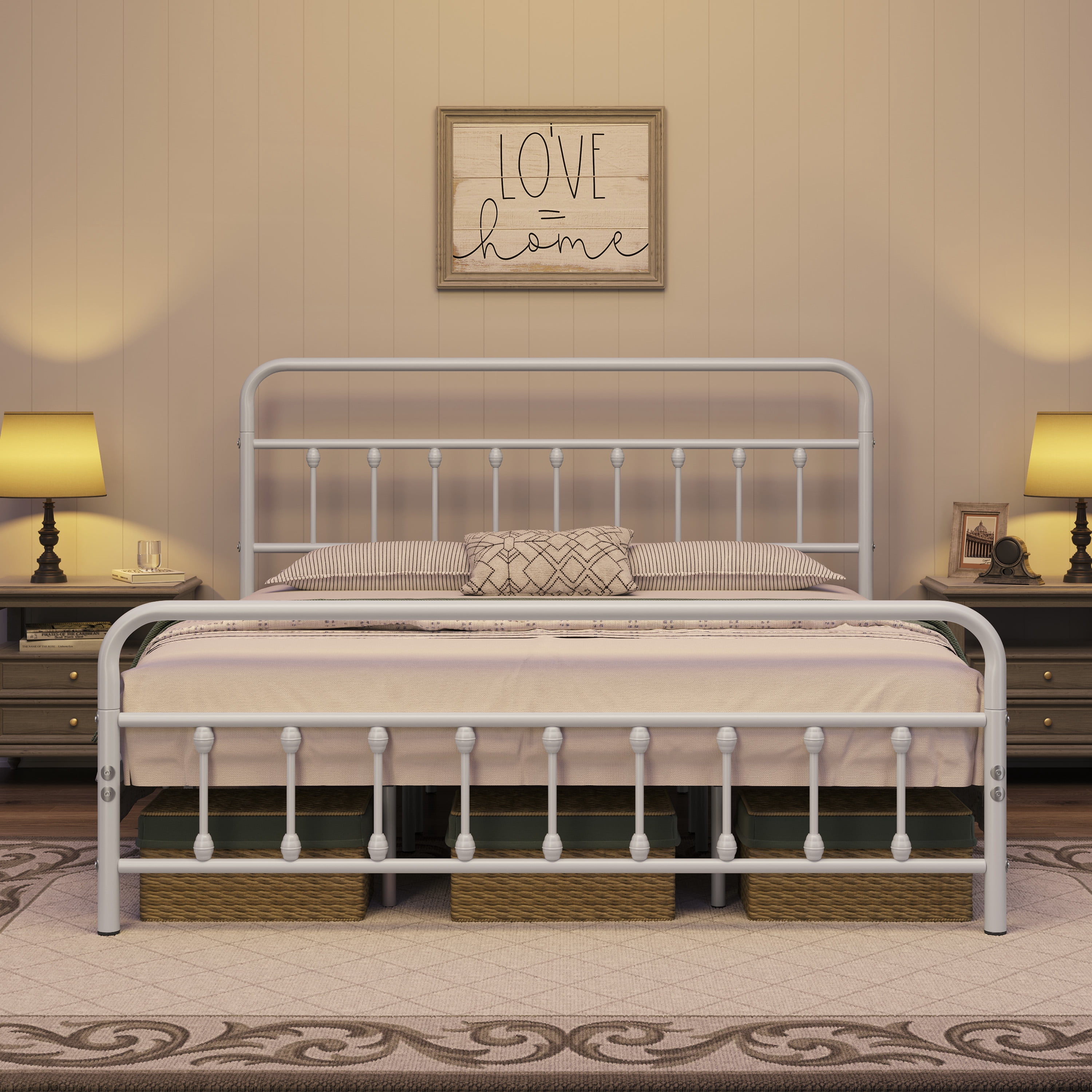 Alden Design King Size Classic Iron Platform Bed with High Headboard and Footboard, White