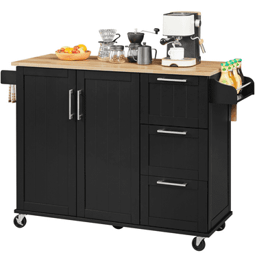 Alden Design Kitchen Cart with Wood Top and Storage Cabinet, Black