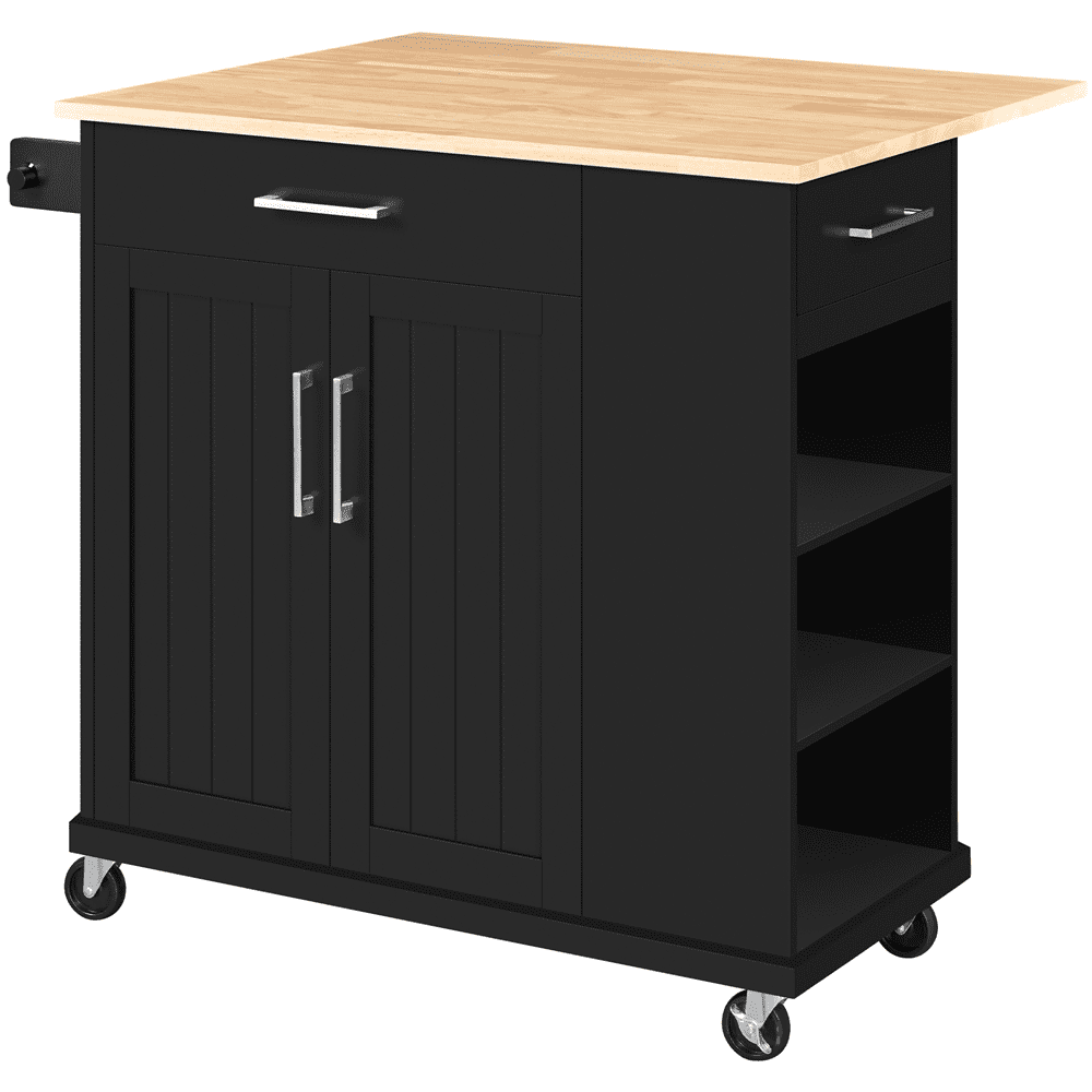 Alden Design Kitchen Island Cart with Solid Wood Top and Storage, Black
