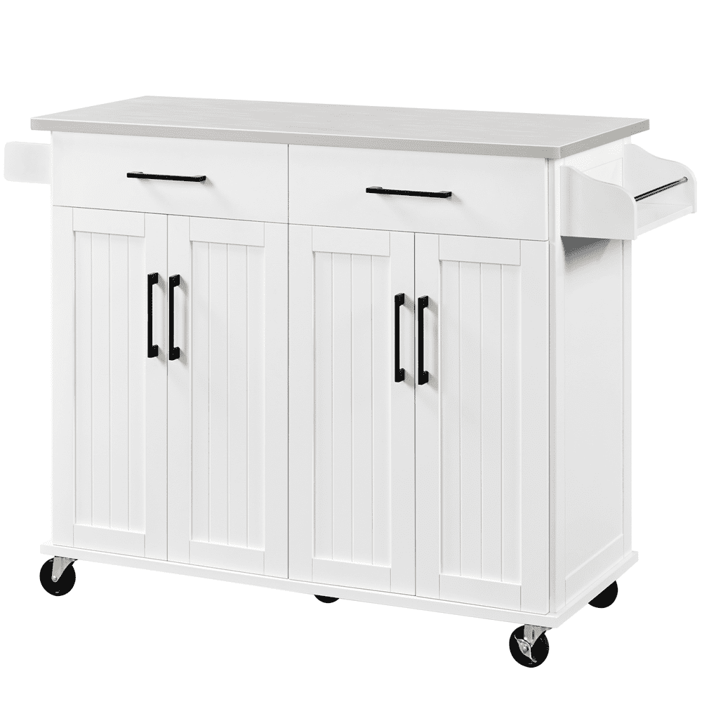 Alden Design Large Kitchen Island on Wheels with Storage Drawers & Cabinets, White