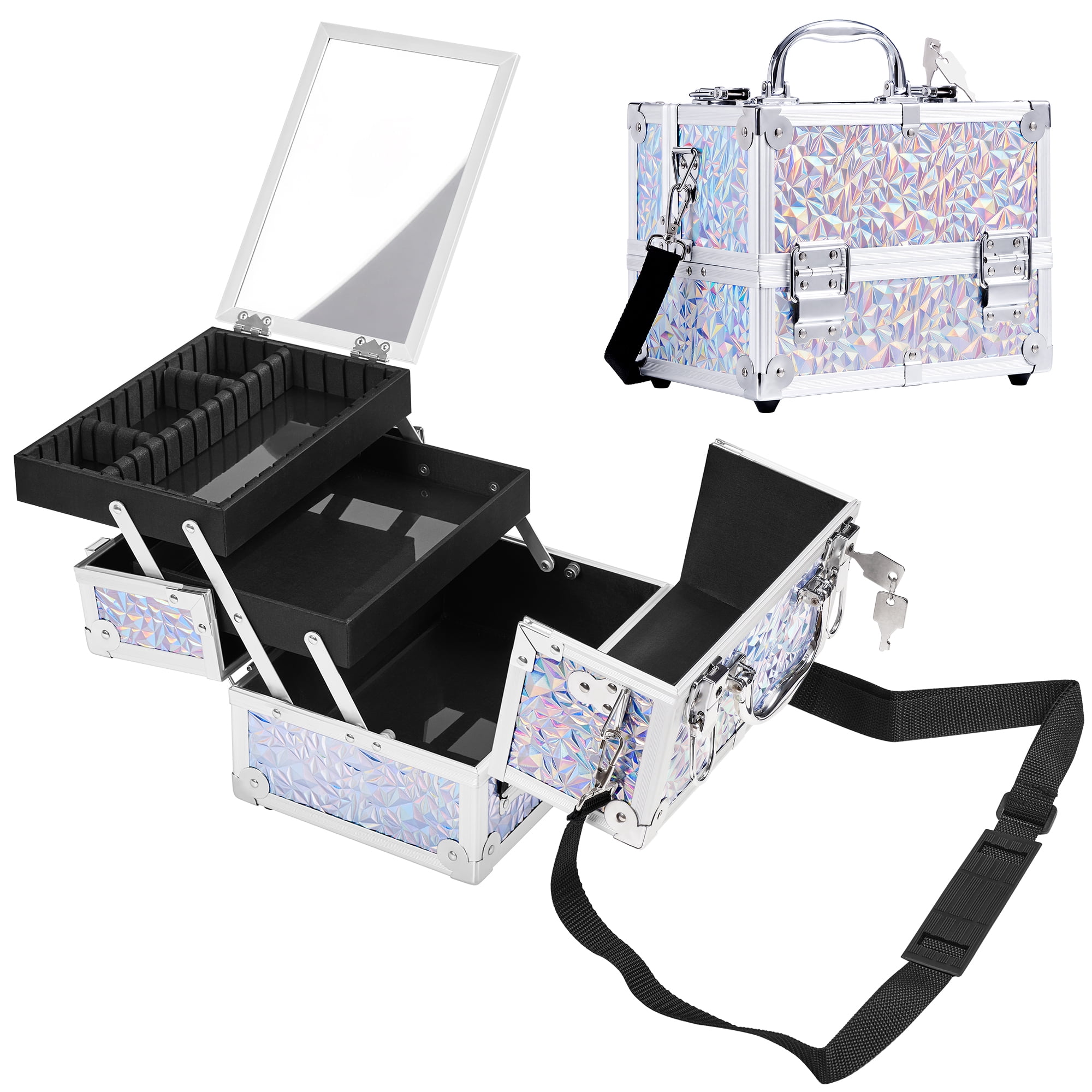 Alden Design Lockable Makeup Train Case with Mirror and 2 Trays, Silver