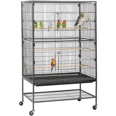 Alden Design Metal 52" Large Rolling Bird Cage with 3 Perches and 4 Feeders, Black