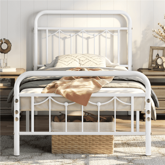 Alden Design Metal Platform Bed with Vintage Headboard and Footboard, Twin, White, Adult