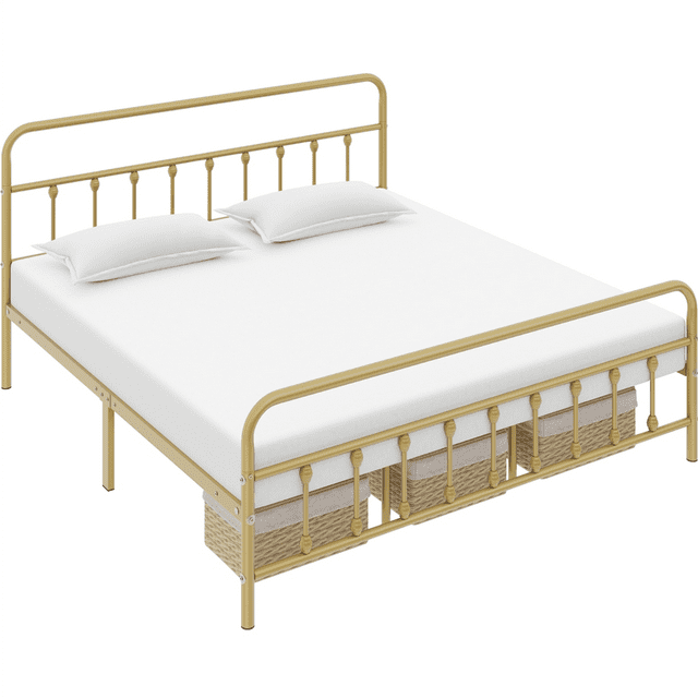 Alden Design Metal Platform California King Bed with High Headboard, Antique Gold
