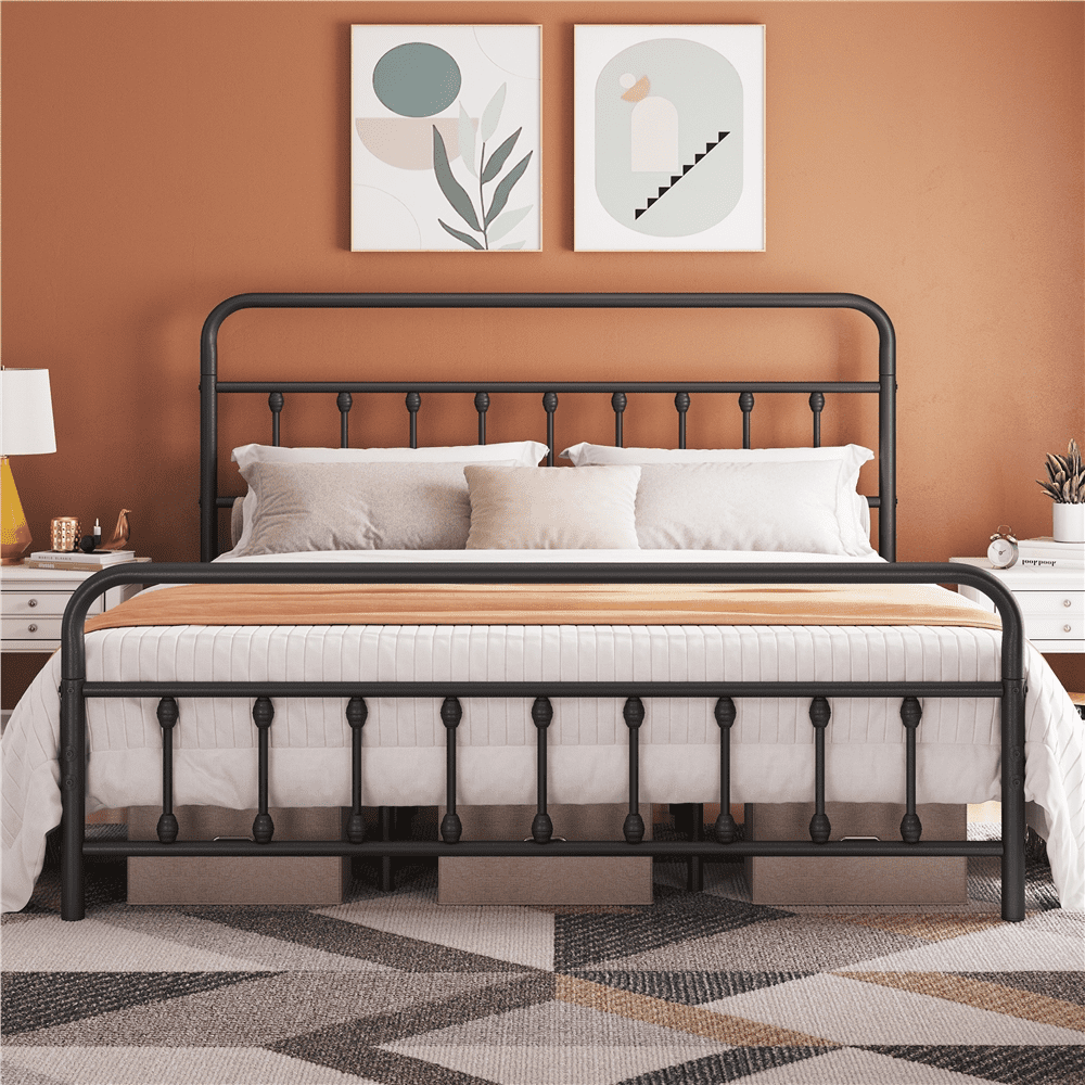 Alden Design King Size Metal Platform Bed Frame with High Headboard for Adult, Black
