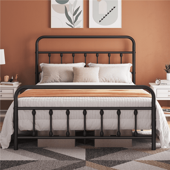 Alden Design Metal Platform Full Bed with High Headboard, Adult, Black