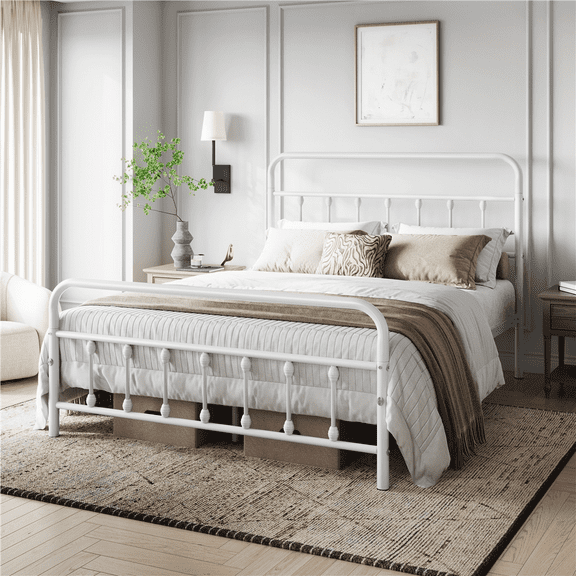 Alden Design Metal Platform Full Bed with High Headboard, All Ages, White