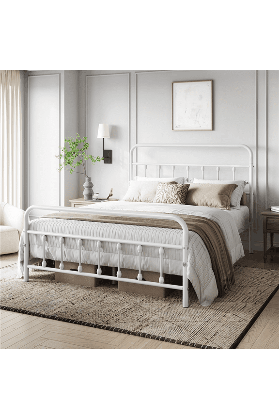 Metal Platform Full Bed with High Headboard, All Ages, White