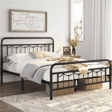 Alden Design Metal Platform Full Bed with Vintage Headboard, Adult, Black