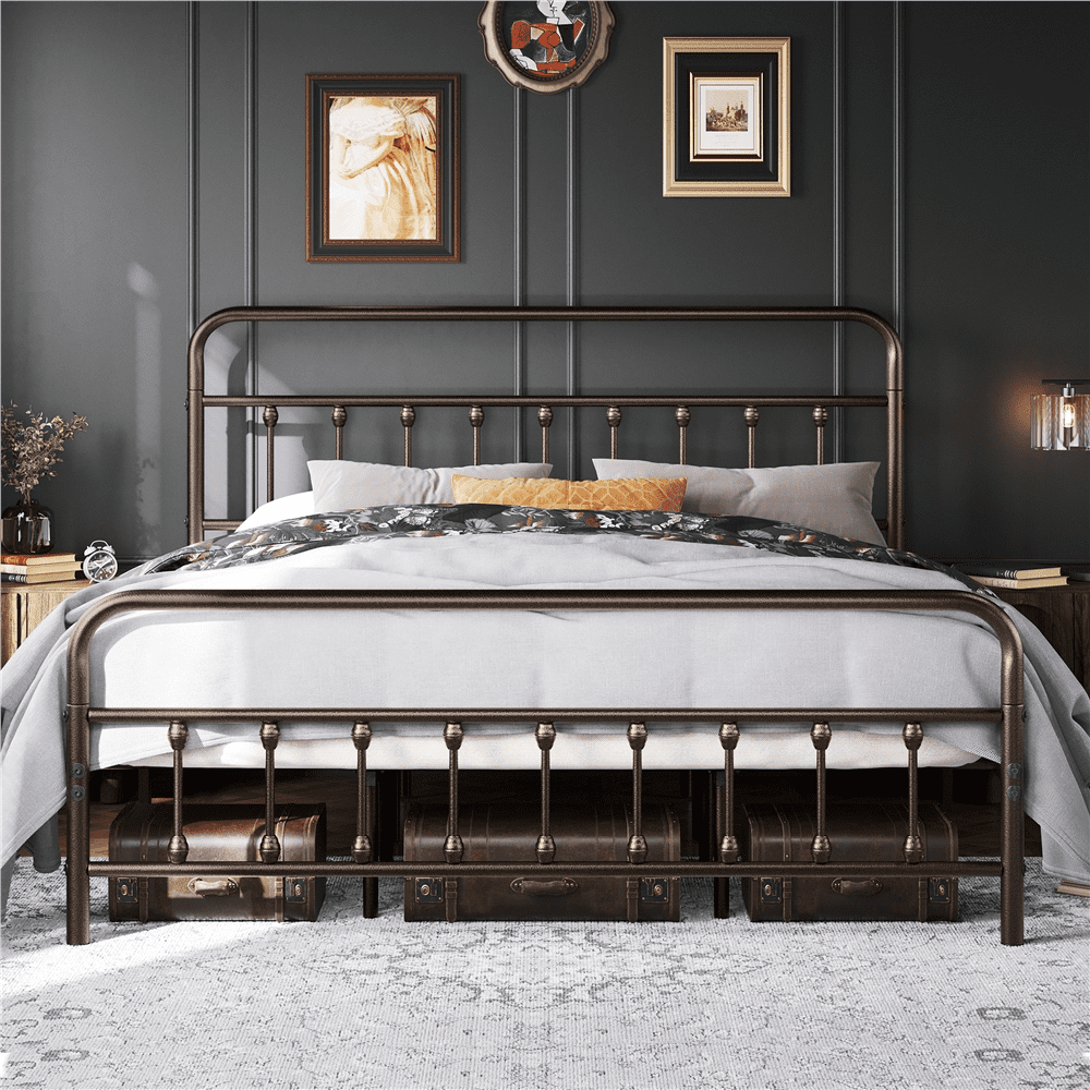 Alden Design Metal Platform King Bed with High Headboard, All Ages, BronzeC