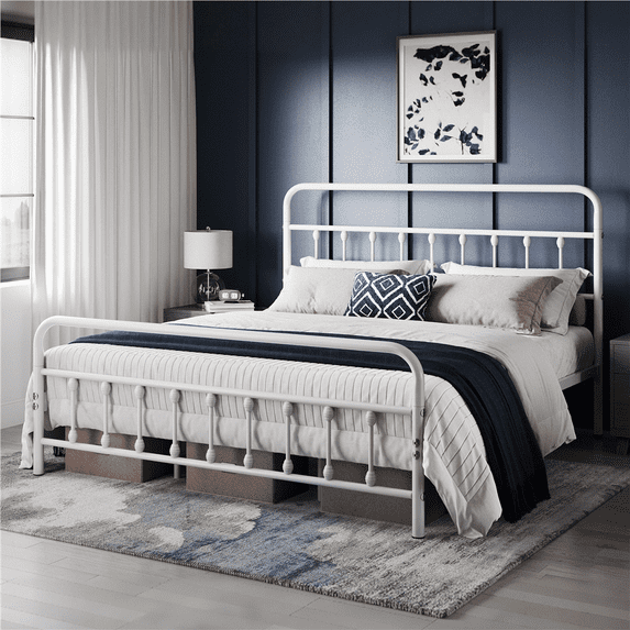 Alden Design Metal Platform King Bed with High Headboard, White