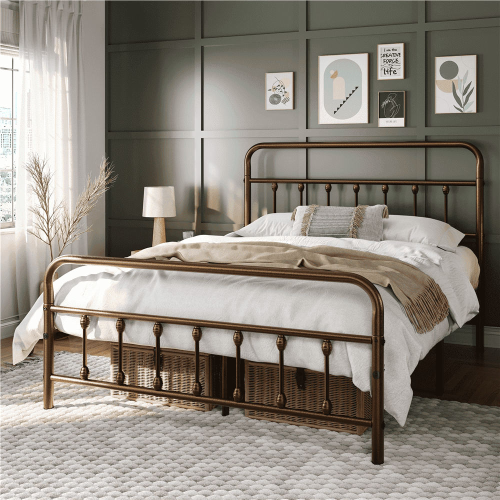 Alden Design Metal Platform Bed with High Headboard and Footboard, Bronze, Queen