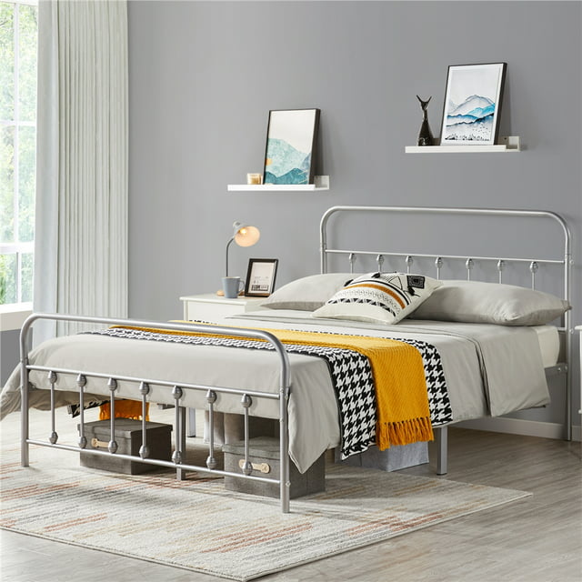 Alden Design Metal Platform Queen Bed with High Headboard, Silver