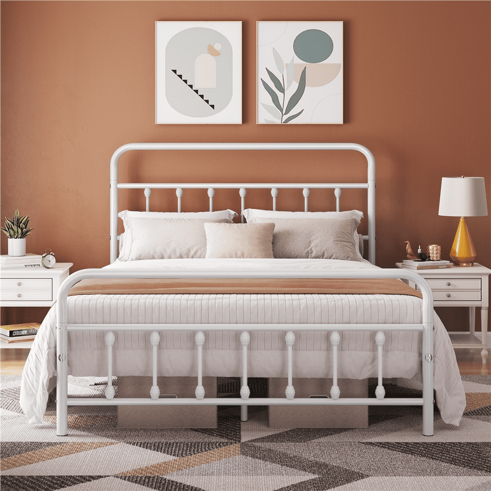 Alden Design Queen Size Metal Platform  Bed with High Headboard, White