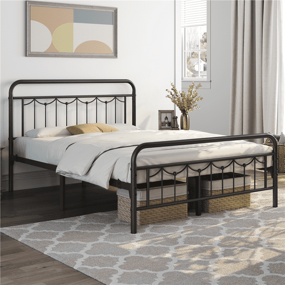 Alden Design Metal Platform Queen Bed with Vintage Headboard, Adult, Black