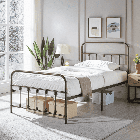 Alden Design Twin Size Metal Platform Twin Bed with High Headboard, Bronze,