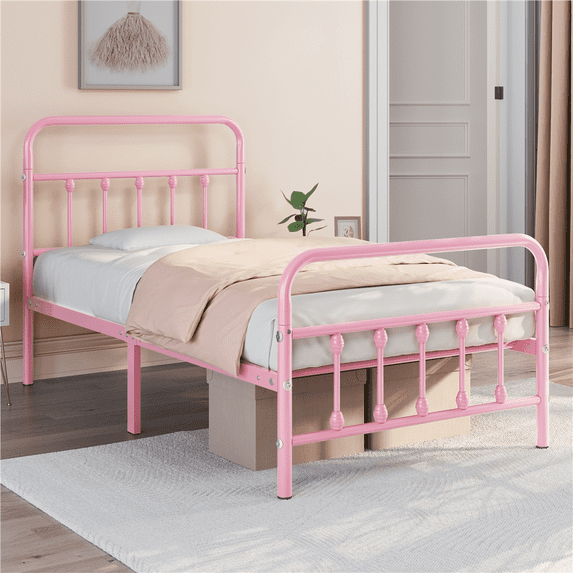 Alden Design Metal Platform Twin Bed with High Headboard, Adult, Pink