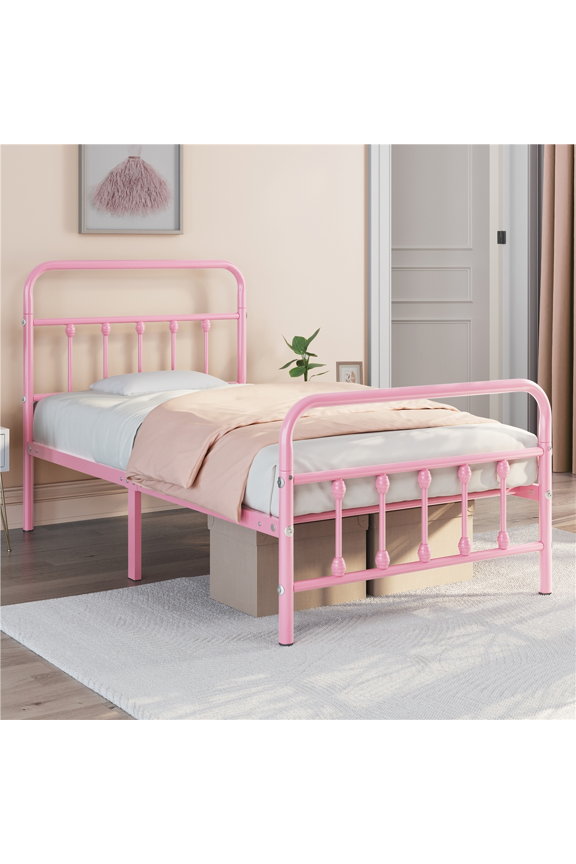 Metal Platform Twin Bed with High Headboard, Adult, Pink