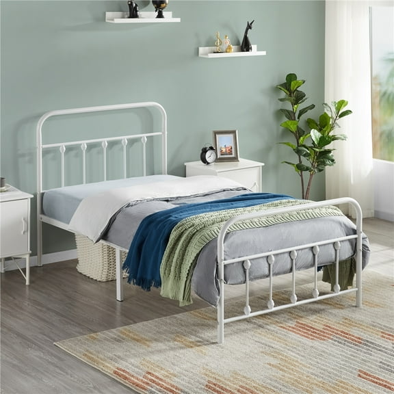 Alden Design Twin Size Metal Platform Bed Frame with High Headboard and Footboard, Adult, White